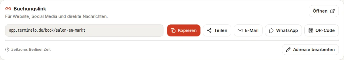 Karte Buchungslink mit den Knöpfen Kopieren, Teilen, E-Mail, WhatsApp und QR-Code