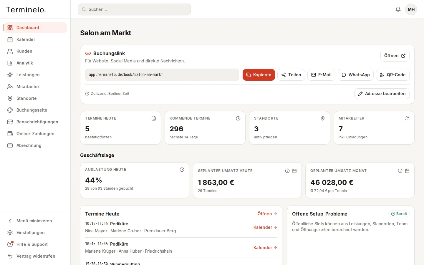 Dashboard mit Buchungslink, Kennzahlen und der Karte Offene Setup-Probleme