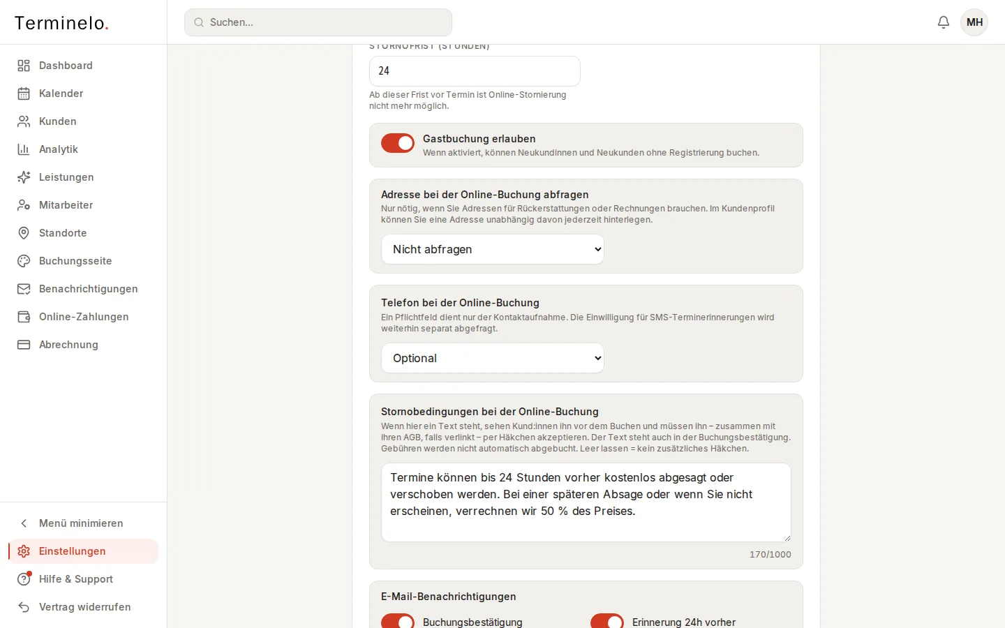 Buchungseinstellungen mit Stornofrist und dem Feld Stornobedingungen bei der Online-Buchung